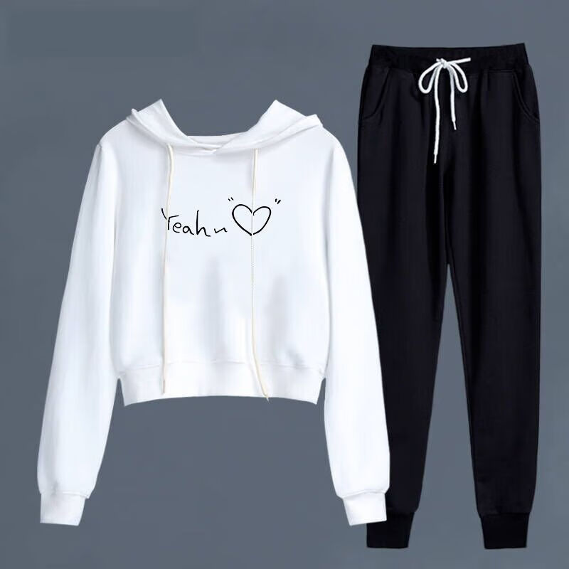 她风采秋季女学生连帽哈伦裤套装初中生闺蜜装 b01【白卫衣 裤子】