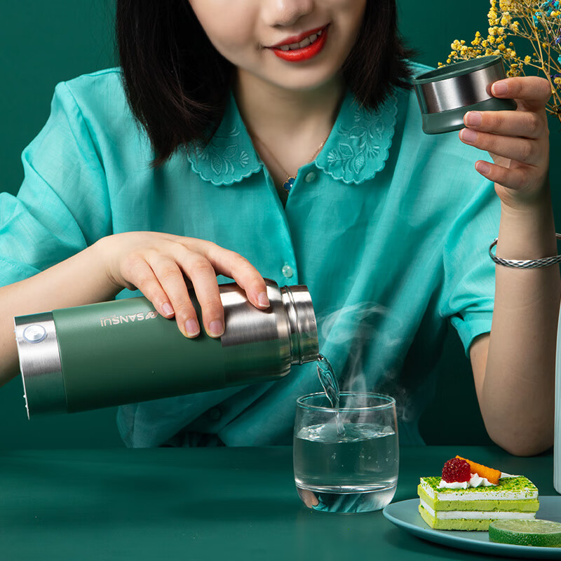 日本山水（SANSUI）烧水壶热水壶便携式电热水壶旅行保温不锈钢电热杯 复古绿