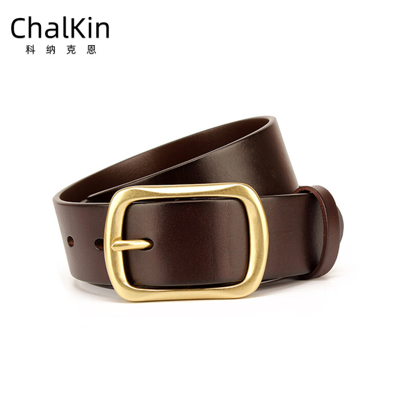CHALKIN加长皮带男士真皮黄铜针扣式无夹层头层纯牛皮休闲百搭大码腰带 深咖/加长140-150CM