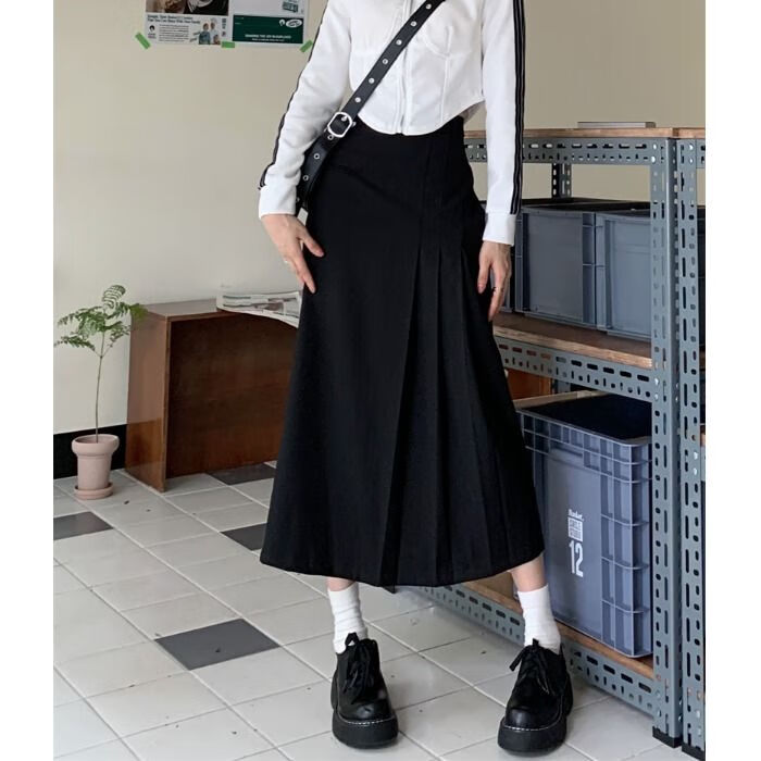 优如穗女生百折裙黑色百褶百皱裙女不压褶a字半身裙女秋季百褶裙小众
