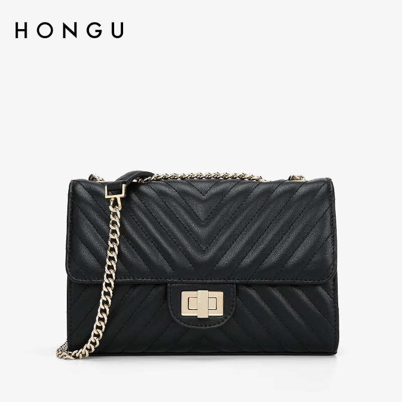 红谷hongu单肩包斜挎包女新款牛皮气质纯色个性链条绣线包 米白