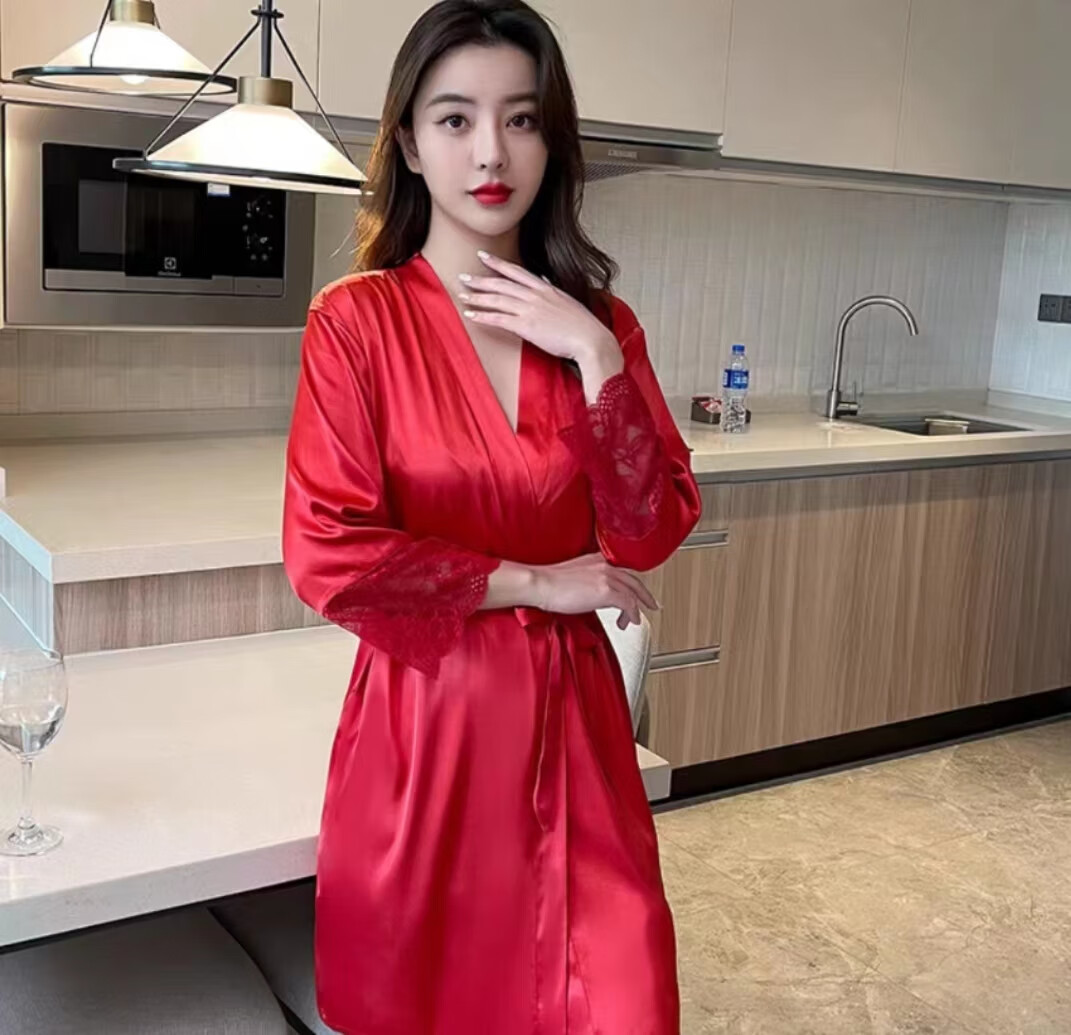 新款仿真丝吊带睡裙性感蕾丝睡袍两件套女士家居服睡衣套装女 酒红色