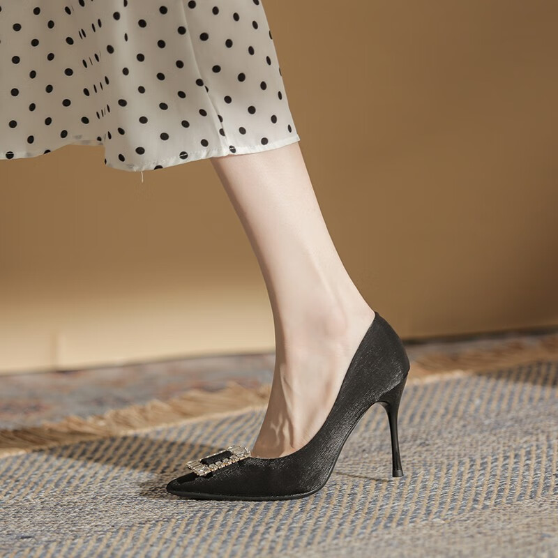 足姿媚(zuzimei)高跟鞋女细跟尖头时尚百搭方扣水钻浅口单鞋 黑色 9cm