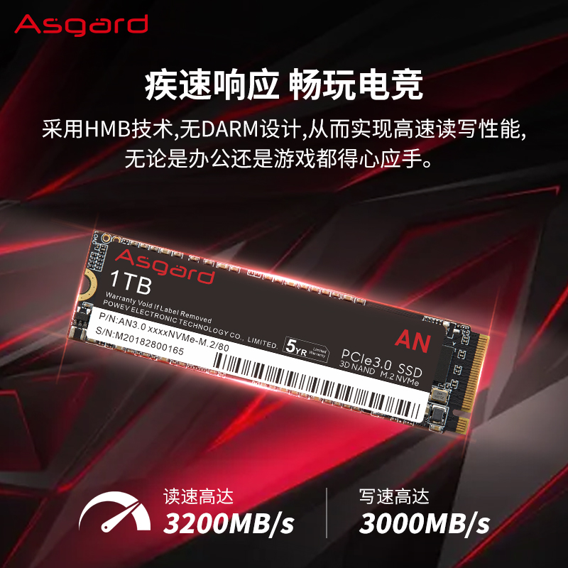 阿斯加特（Asgard）1TB SSD固态硬盘 M.2接口(NVMe协议) AN3.0 | 五年质保 TLC颗粒