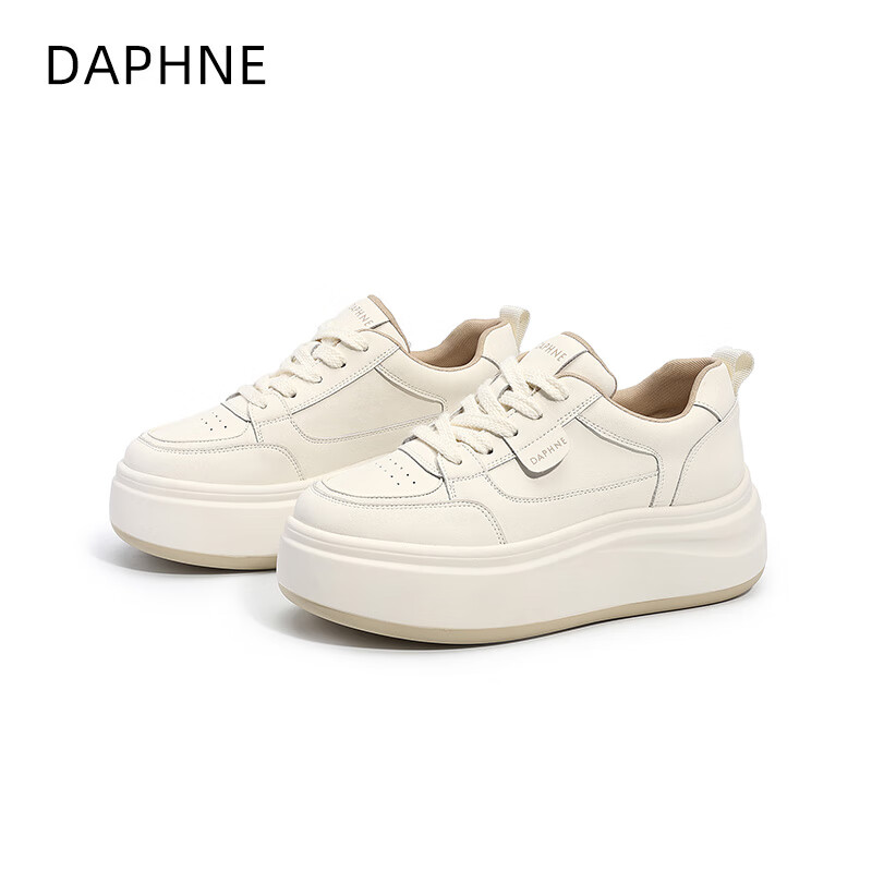 达芙妮真皮厚底小白鞋女2026春季新款增高简约板鞋轻便运动休闲鞋 米白 36