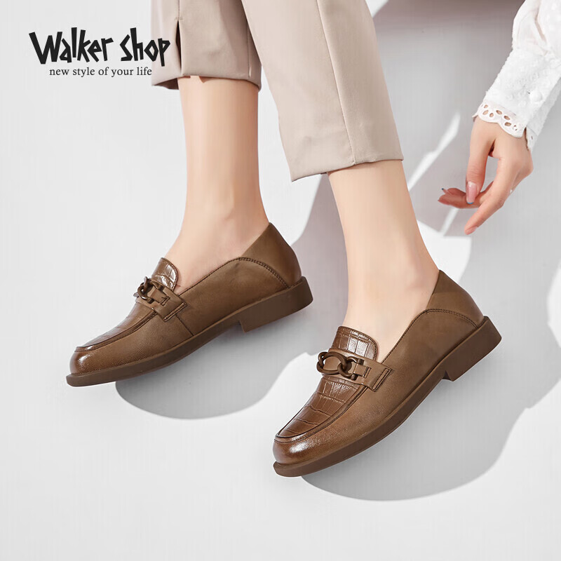 奥卡索 walker shop 休闲鞋女羊皮通勤一脚蹬乐福鞋复古深口小皮鞋女