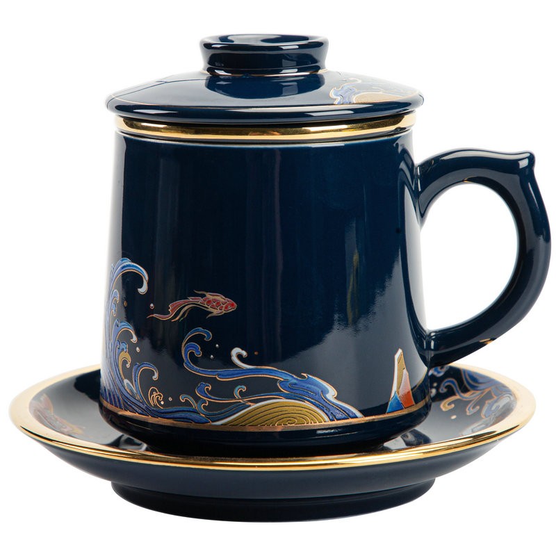 中国红锦鲤鎏银999办公杯滤茶银茶杯陶瓷银杯喝水杯泡茶杯银杯子喝茶