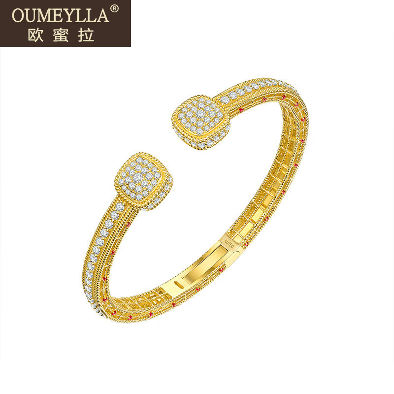 欧蜜拉（OUMEYLLA）轻奢18k金镶嵌天然南非钻石手镯弹力复古彩金满钻手环黄金镯子女 18K金（浅黄色） 15号