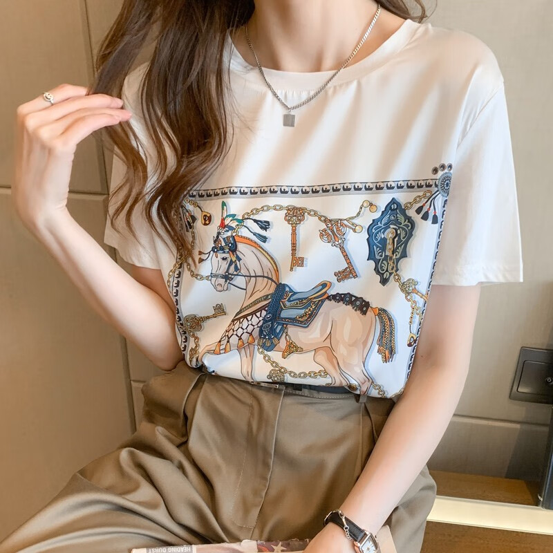 猴爪圆领短袖女t恤韩版2023春夏印花仿桑蚕丝半袖上衣仿真丝复古 大牌马 XL【115-130斤】高性价比高么？