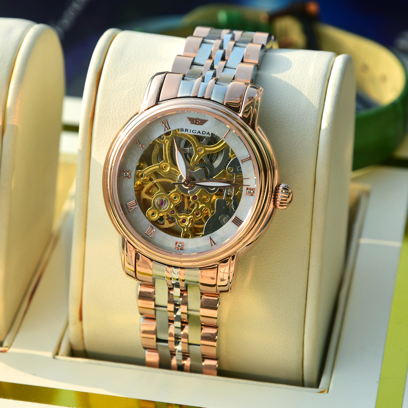 防水海鸥机芯机械表镂空自动夜光机械手表 玫壳间玫钢带-海鸥st16机芯