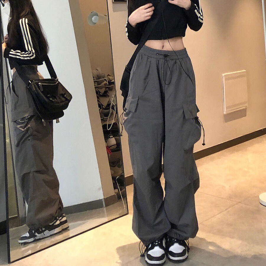 花语志美式复古hiphop嘻哈直筒抽绳工装裤女高腰显瘦多口袋运动休闲