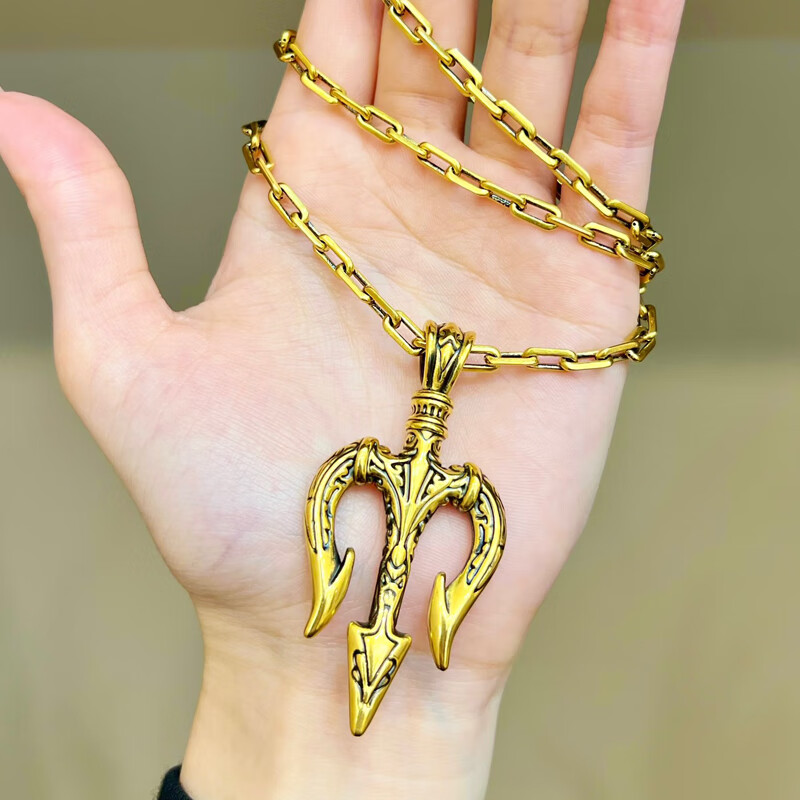 倍妙海王三叉戟吊坠复古黑金项链黄金长款秋冬搭配999足金毛衣链女款