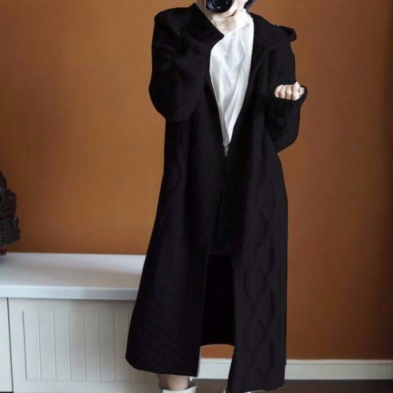 中长款羊绒针织开衫女2020年新款秋冬季加厚外穿宽松显瘦毛衣外套 黑色（连帽） 2XL