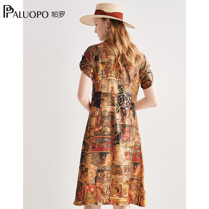 帕罗(PALUOPO)复古文艺真丝连衣裙女士碎花气质印花100%桑蚕丝短袖中长a字裙 花色 XL (170/92A)