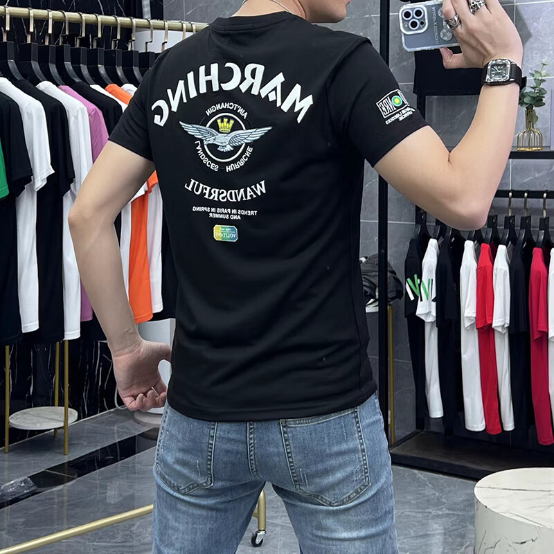 新款老鹰字母刺绣丝光棉修身半袖体恤潮 黑色 短袖c330绣皇冠飞鹰款 m