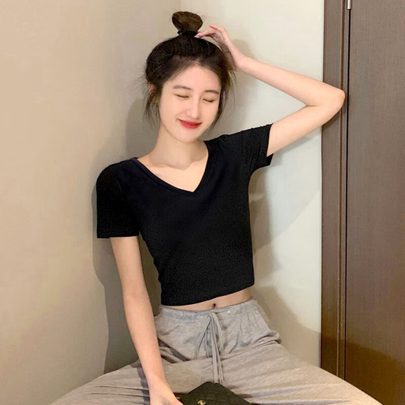 bicify超短t恤女学生v领短袖女短款ins小众露脐修身夏高腰上衣显瘦