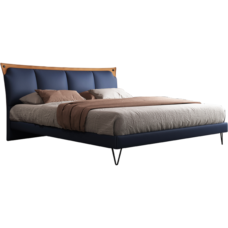 DC意式轻奢皮床2米情侣品牌1.8m*2.0m标准双人床 结婚大床软靠背高脚软包床实木真皮床头层牛皮 单床 1500*2000mm