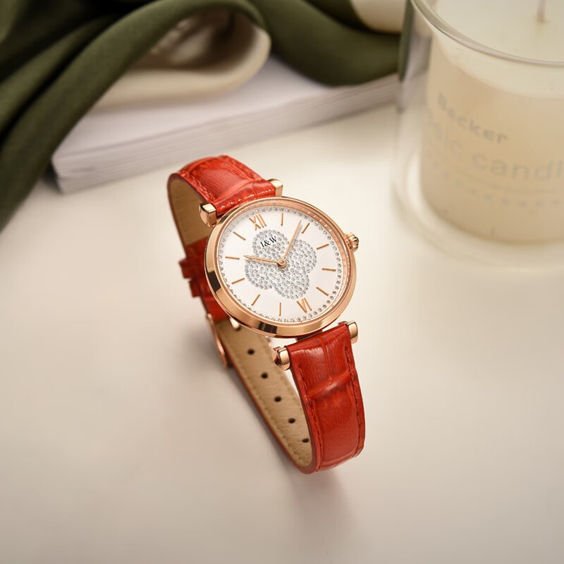 爱沃驰瑞士幸运草系列时尚防水石英手表女士表七夕生日礼物送女友 胭脂红竹纹皮|电池寿命约5年
