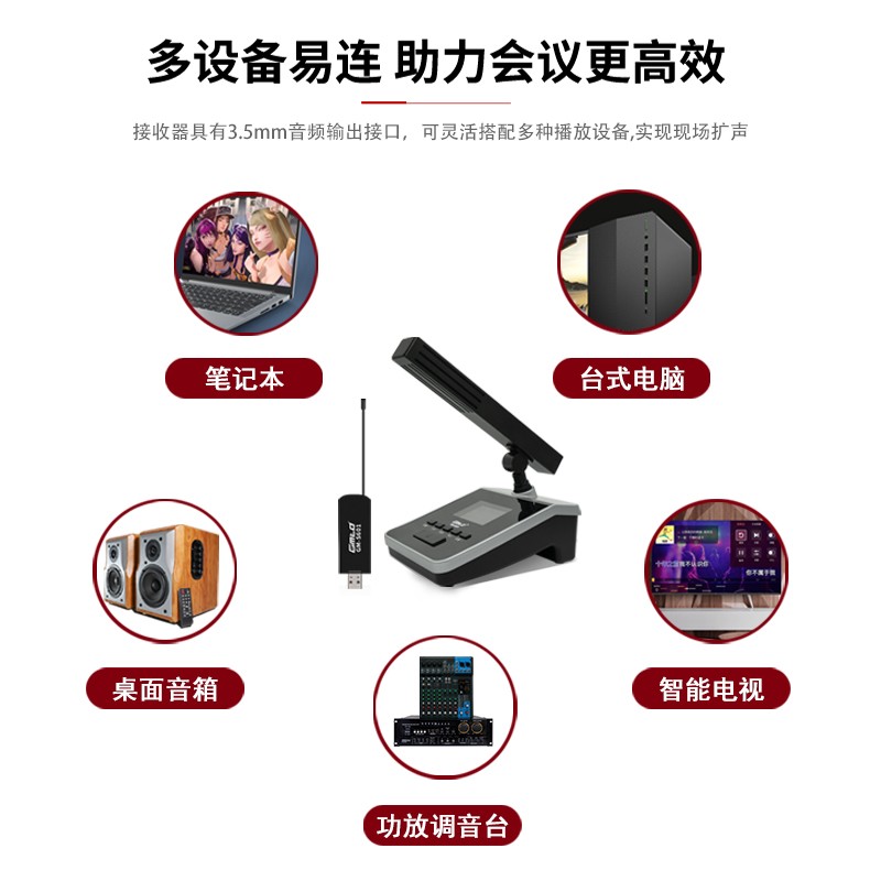 Gmtd 金迈视频会议麦克风无线话筒电脑USB专业远距离收音鹅颈台式方管短杆电容麦网络教学考研面试 GM-S601一拖一