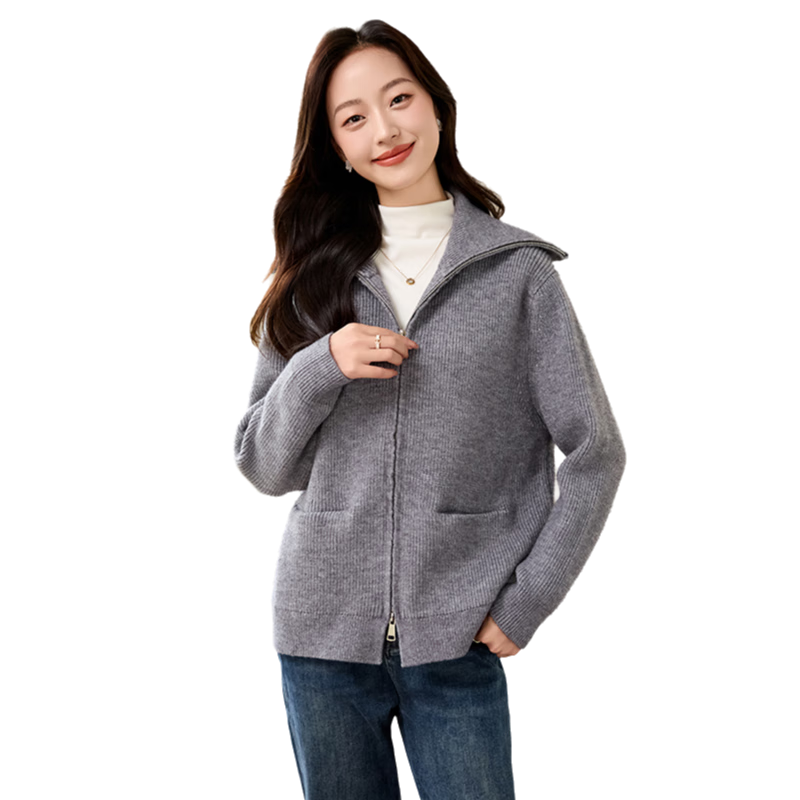 品彩（PinCai）針織開衫女秋冬外搭雙拉鏈毛衣外套加厚翻領(lǐng)針織開衫P144Z9019