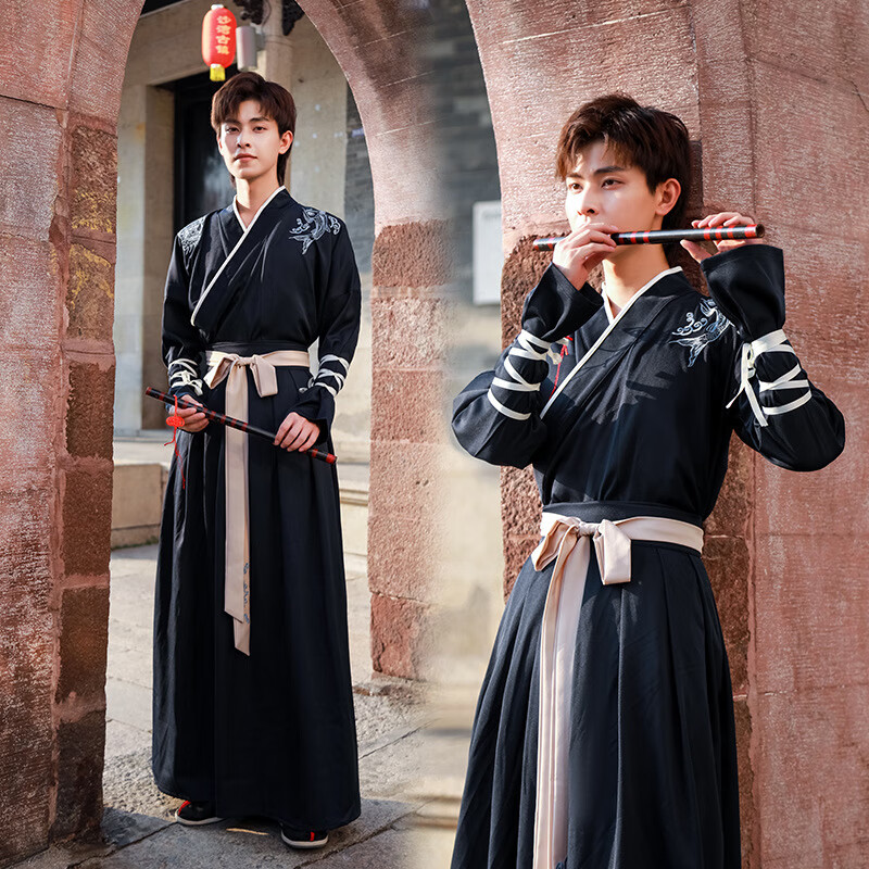 尤克达蒂汉服男古装长袍全套中国风龙纹原创武侠古风书生加大码学生演出服 黑色龙纹 上衣+下裙 XL属于什么档次？