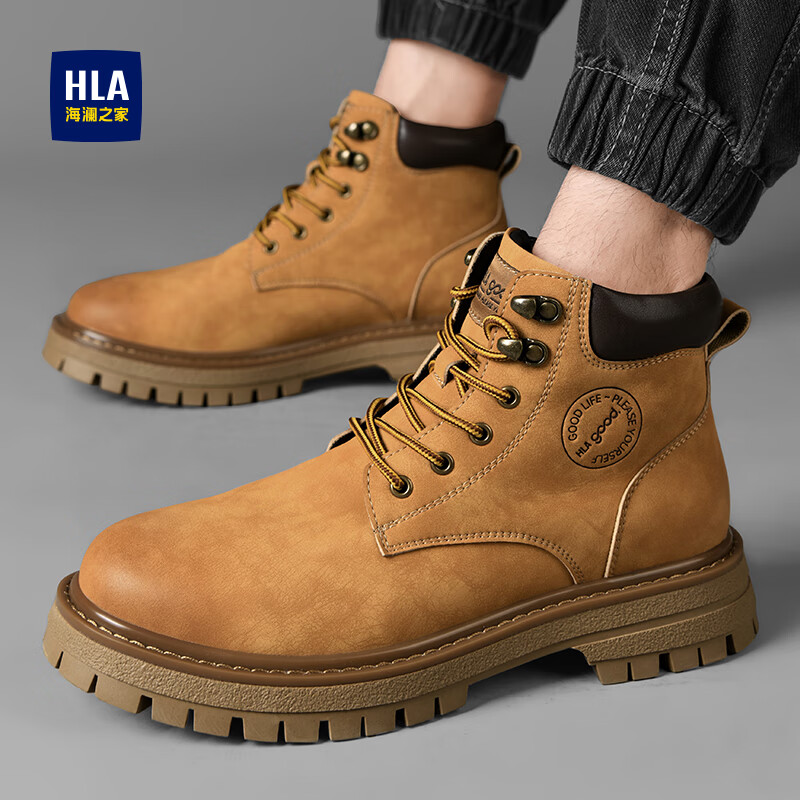 海澜之家马丁靴男潮流男鞋户外情侣款百搭防寒登山高帮工装大黄靴子男T121 土黄色-男款 39