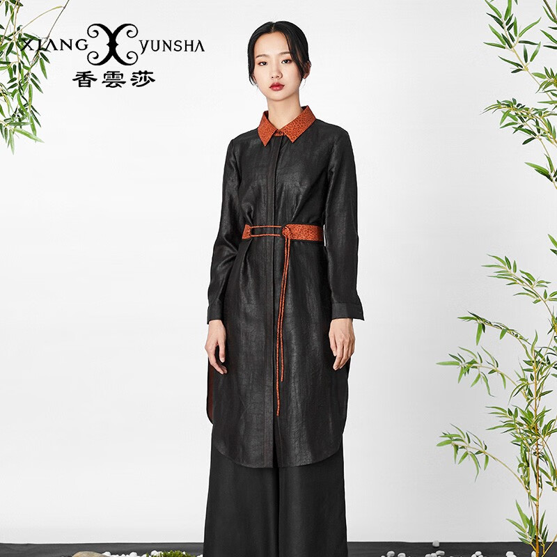 香云莎2022春夏新款龟裂纹香云纱休闲翻领长款风衣女外套个性腰带