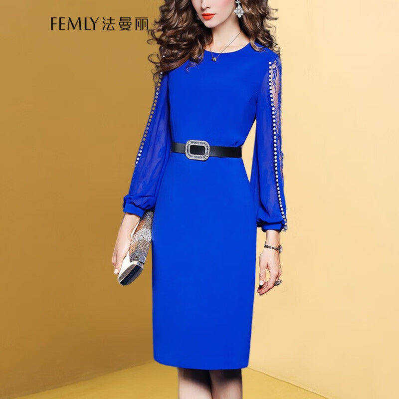 FEMLY法曼丽 2020新款长袖显瘦包臀打底连衣裙名媛气质F35103 钻石蓝 M