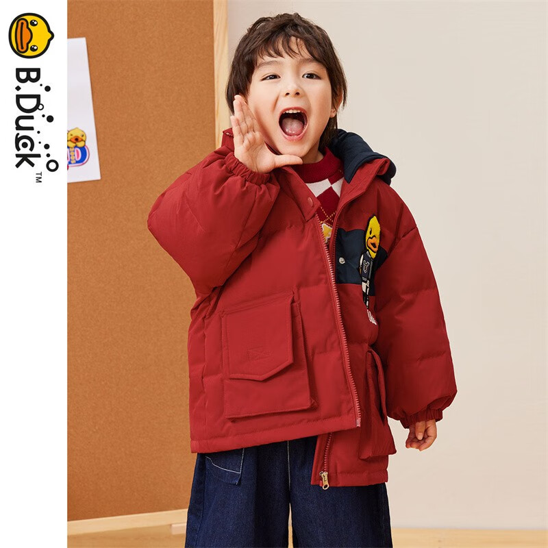 B.Duck小黄鸭童装儿童羽绒服男童冬季工装风加厚保暖冬衣过年拜年服红色 枣红 105 cm