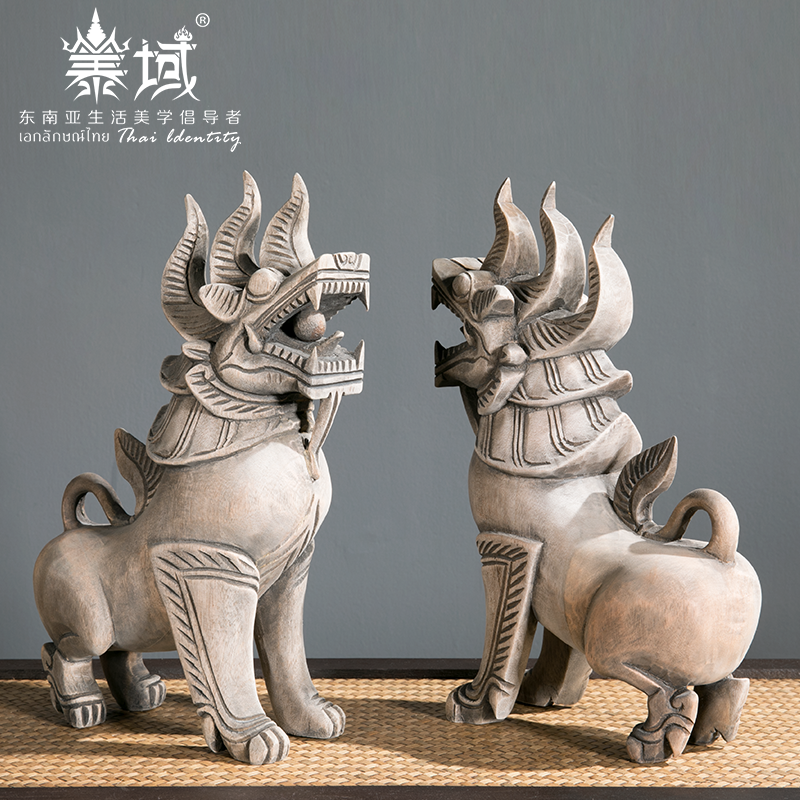 泰域泰国木雕狮子客厅摆件东南亚风格手工雕刻艺术品摆设开业礼品