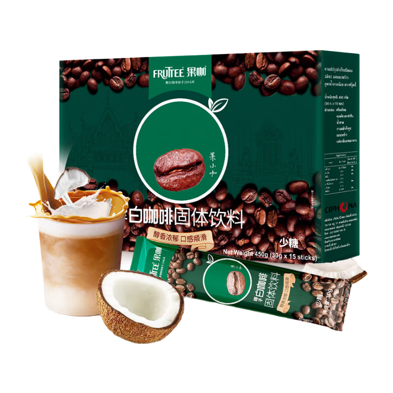 FRUTTEE 果咖 泰国原装进口咖啡 拿铁椰子白咖啡三合一速溶生椰拿铁少糖(30g*15条)