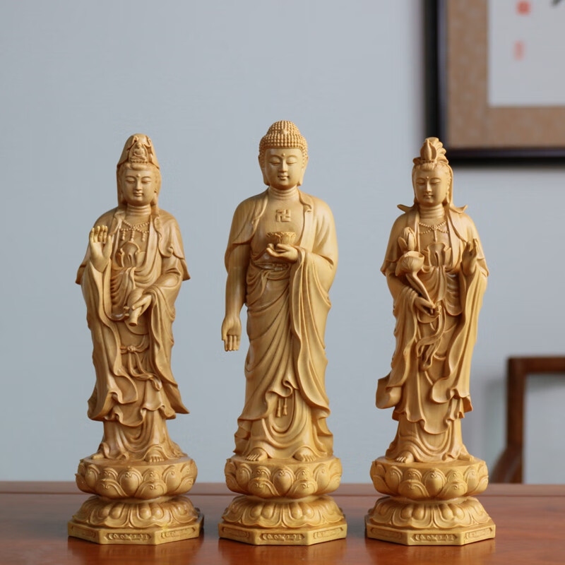 carving) 小叶黄杨木雕佛像摆件佛堂供奉阿弥陀佛观音菩萨西方三圣