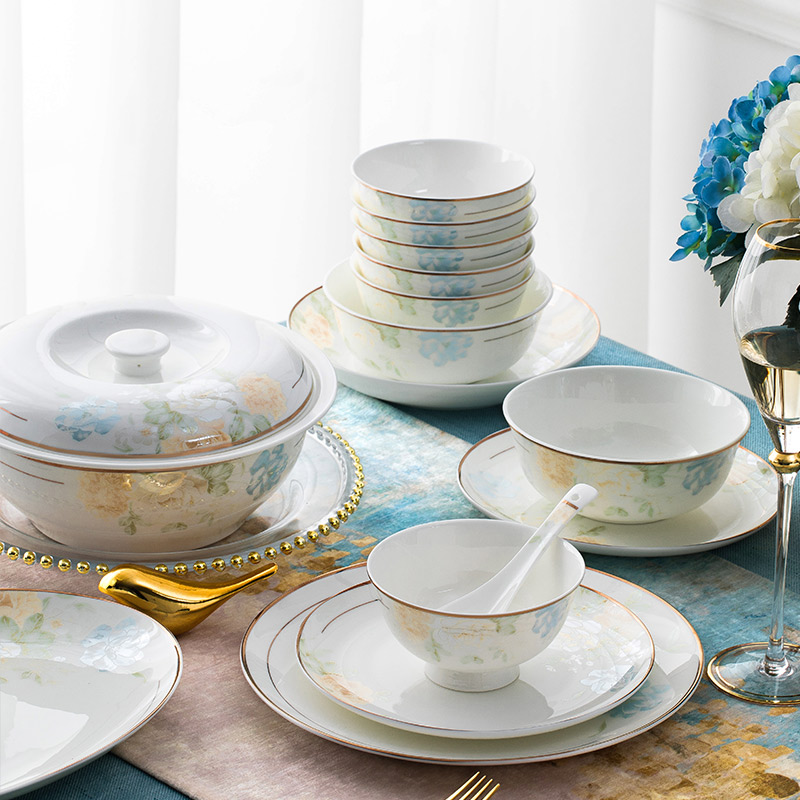 以辰 景德镇陶瓷餐具欧式轻奢碗碟套装家用碗筷整套礼盒梦幻花影60件