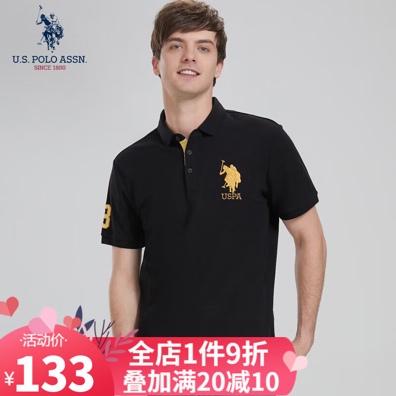 U.S. POLO ASSN.USpolo衫男短袖男刺绣翻领夏季新款商务休闲上衣男保罗官方授权 黑色 XL