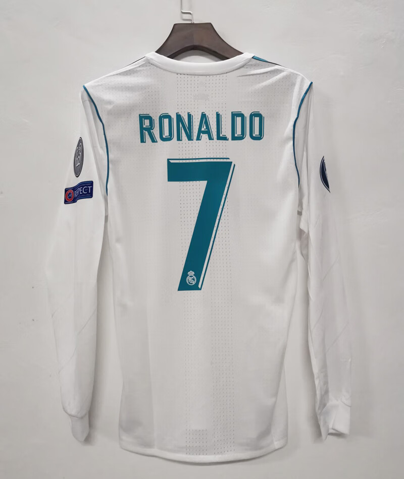 冬雾1718欧冠版皇马主场长袖球服经典复古7号c罗足球服套装球员版 单