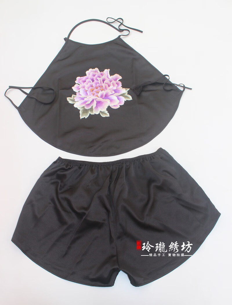 筝宁成人真丝肚兜桑蚕丝睡衣夏季刺绣大码红色短裤套装女内衣丝绸内搭