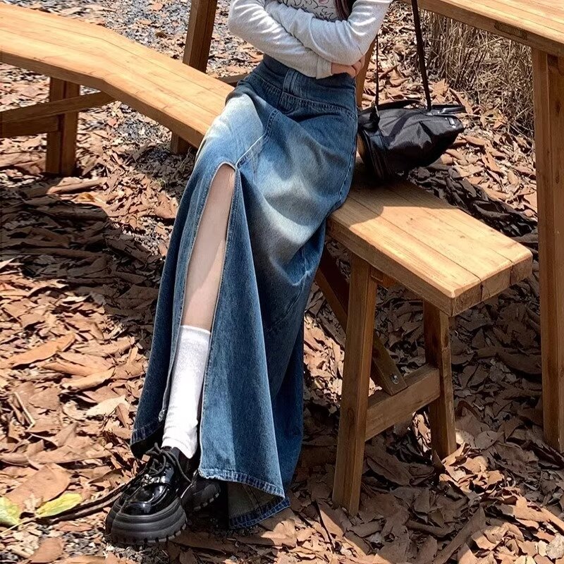 梵恋淑 夏季新款宽松牛仔裙a字小众开叉设计感毛边中长款半身裙 深