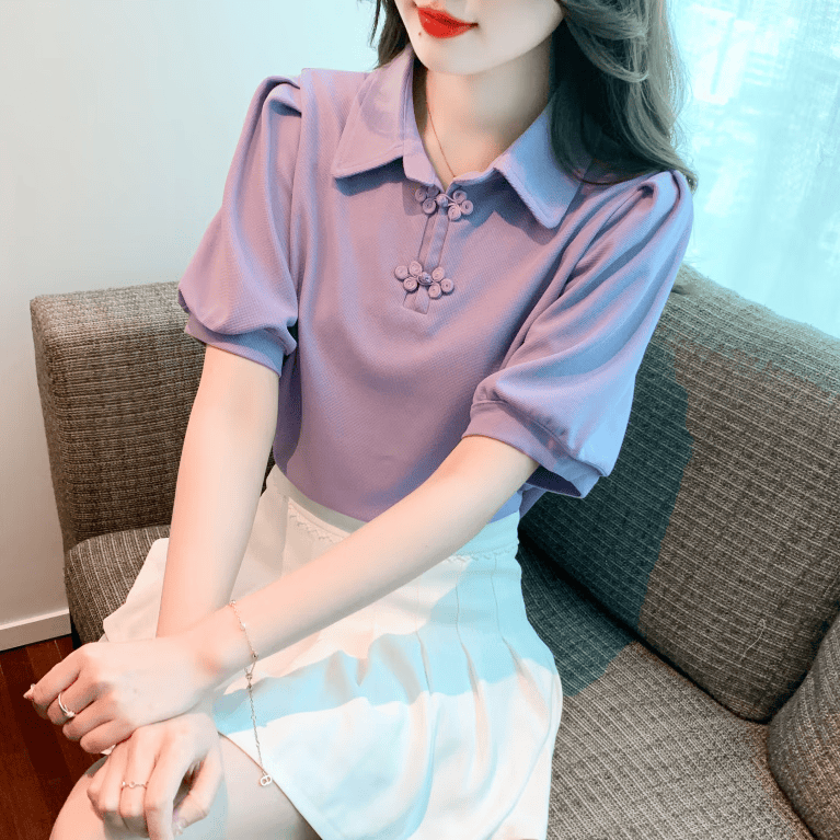 儒益家泡泡袖polo领短袖t恤女新中式盘扣t恤夏装小众上衣 图片色 s