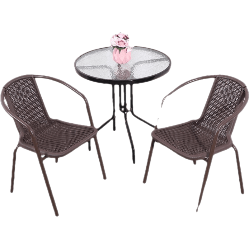 全品屋 阳台桌椅手工编织藤椅三件套户外桌椅套装家用休闲茶几铁艺靠椅腾椅靠背围椅餐椅小户型办公室藤编椅 80cm黑玻圆桌+两椅