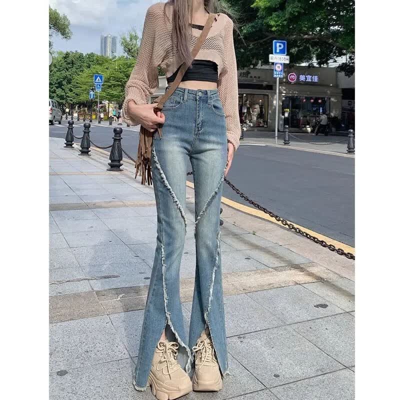 大学生牛仔女裤潮搭时尚辣妹风复古微喇叭开叉牛仔裤女美式显瘦弹力