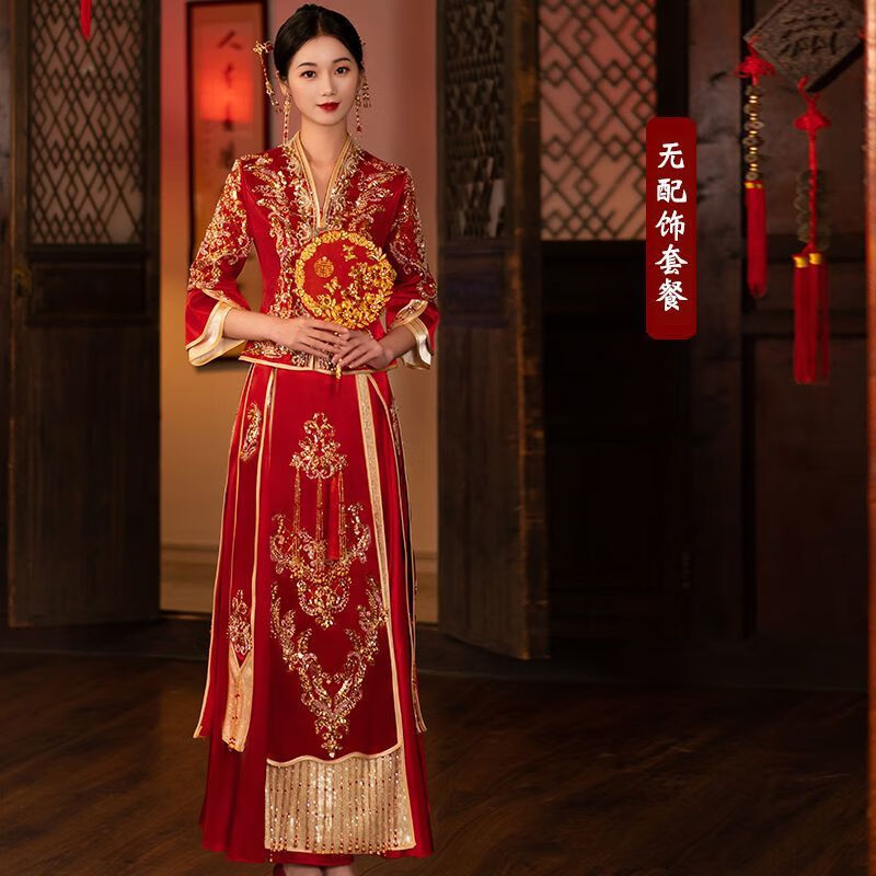 梵奥格（FANAOGE）秀禾服新娘2023新款高级感结婚龙凤褂小个子v领大码中式礼服 酒红色 鸾凤 S怎么样,好用不?