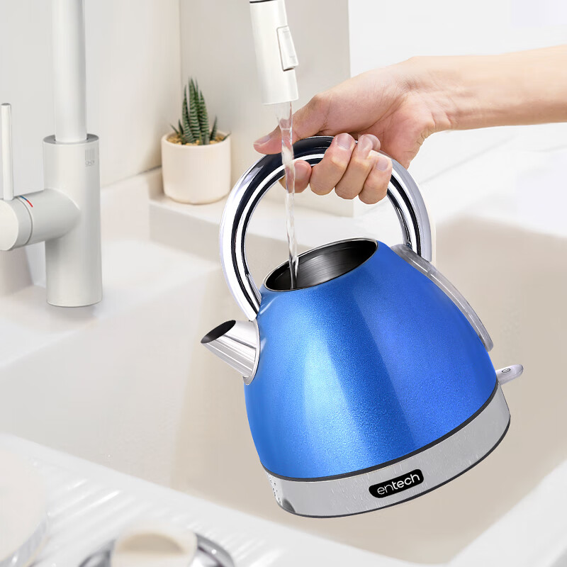 一特(EnTech)1800W快速烧水壶家用高颜值电热水壶大容量分体式加厚304不锈钢大功率插电烧水自动断电防干烧 1.7L 专柜款-海洋蓝(带水窗)
