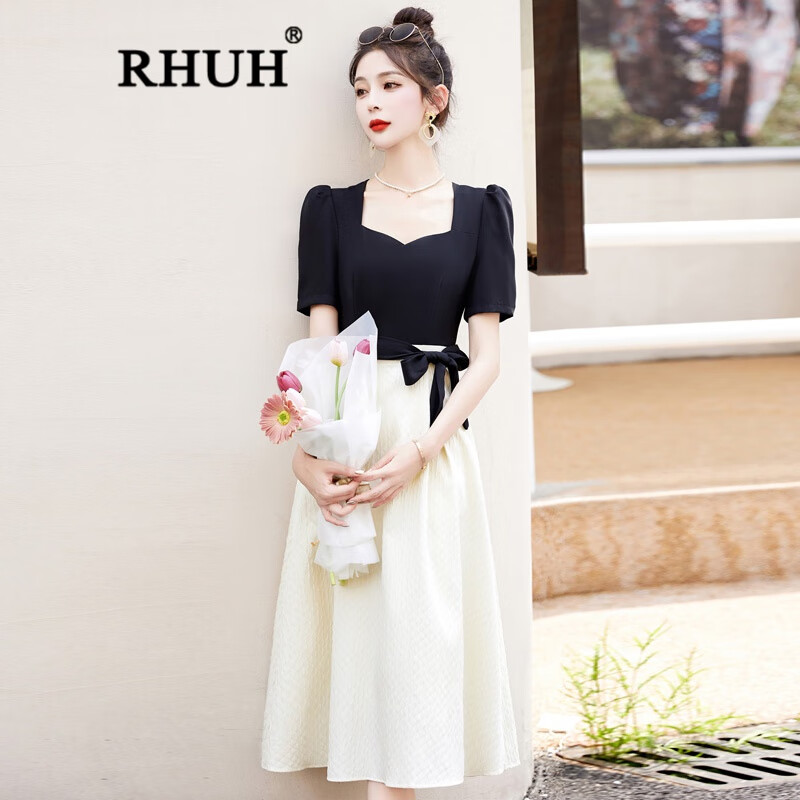 rhuh轻奢潮牌女装法式拼色方领连衣裙女夏季新款时尚气质显瘦收腰裙子