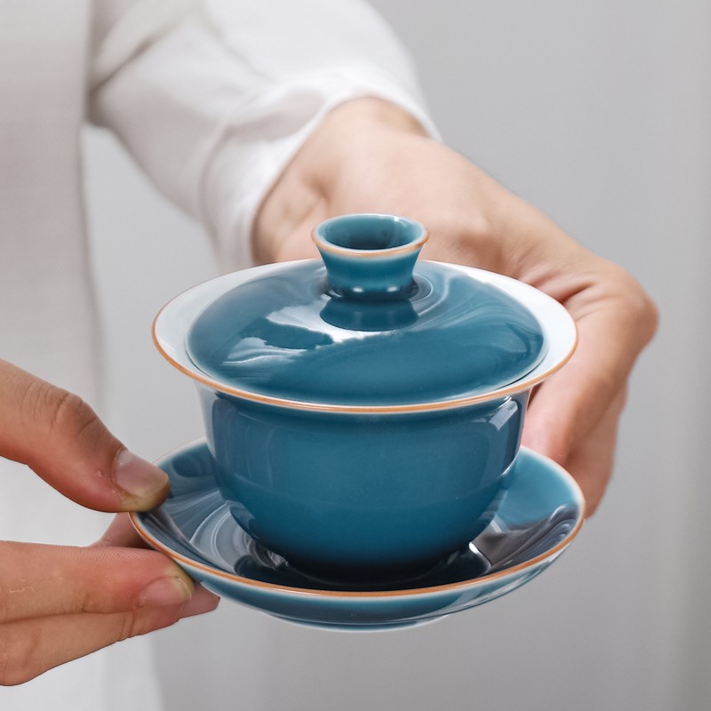 苏客 茶具套装陶瓷家用简约办公室茶壶茶杯盖碗茶碗泡茶功夫茶具礼盒装 盖碗套装(霁蓝)