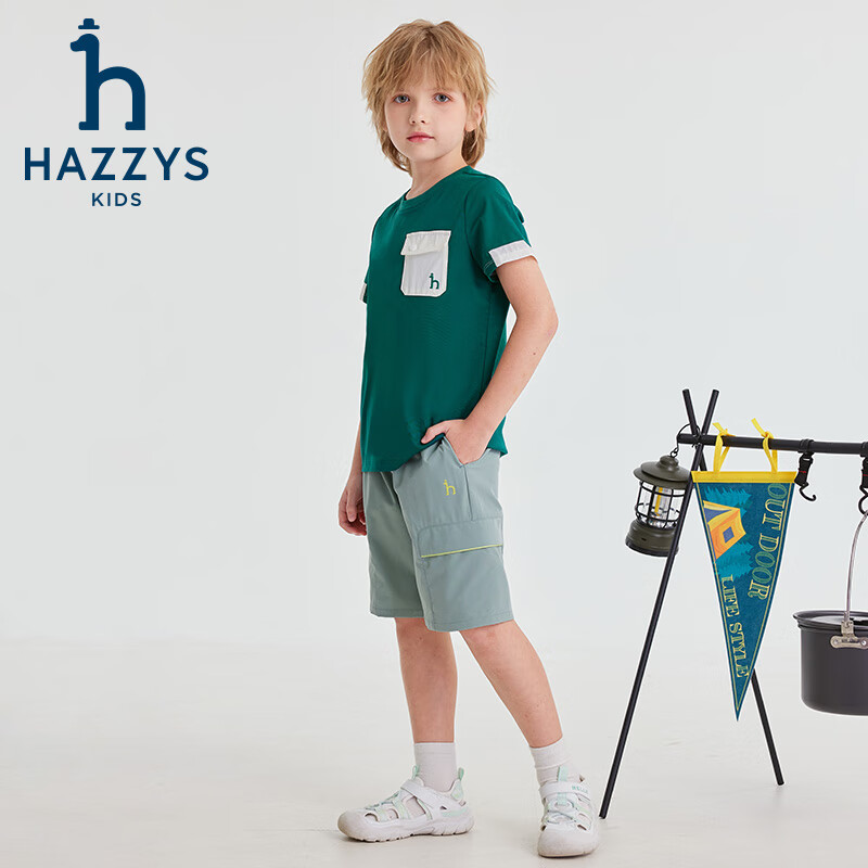 哈吉斯(HAZZYS)品牌童装男童T恤夏季新款宽松轻薄弹力简约休闲短袖圆领衫 松露绿 165