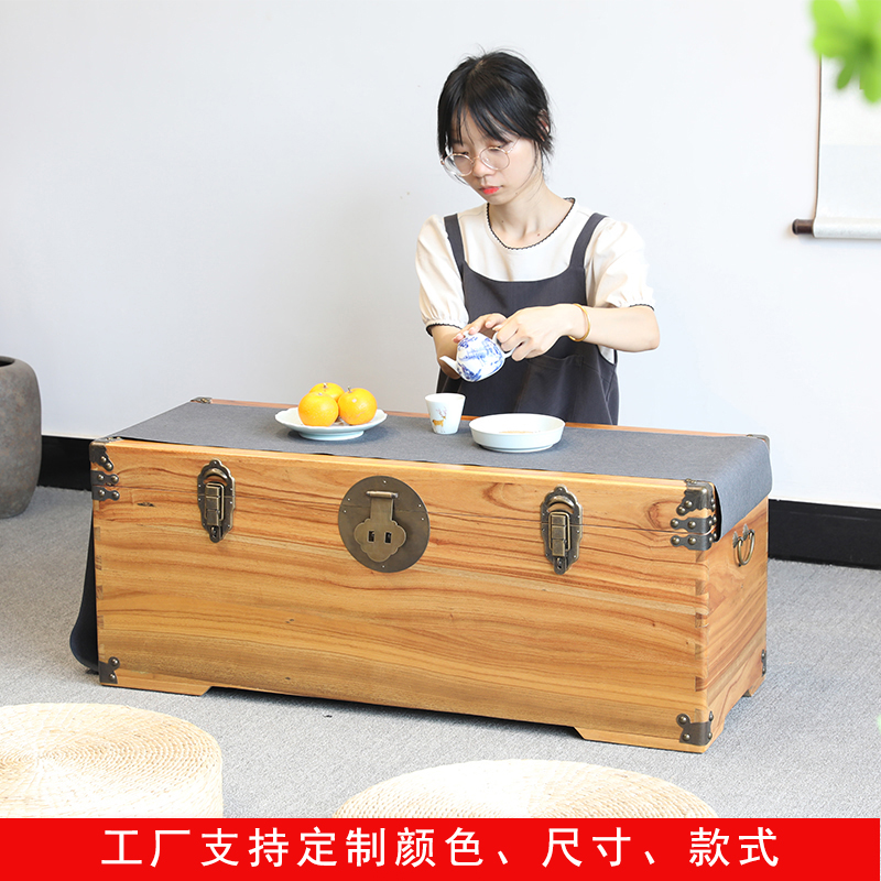 可定做老式复古字画陪嫁箱香樟木箱子全樟木小茶几首饰收纳盒衣箱