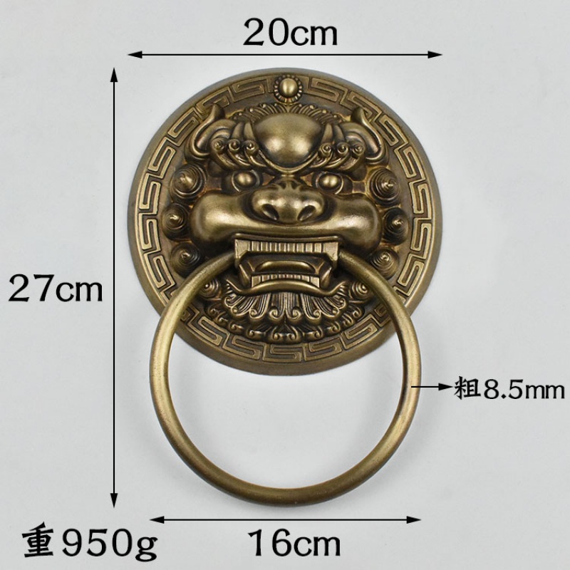 仿古纯铜兽头门环中式狮子头虎头拉手麒麟大门把手复古木门 直径20厘米古铜色实心环(一个)