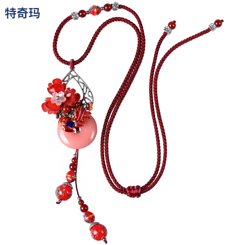 特奇瑪項鏈掛件紅色復古毛衣鏈女琉璃吊墜民族風南紅旗袍中式國風毛衣鏈 景泰藍 毛衣鏈  【簡易包裝】 可