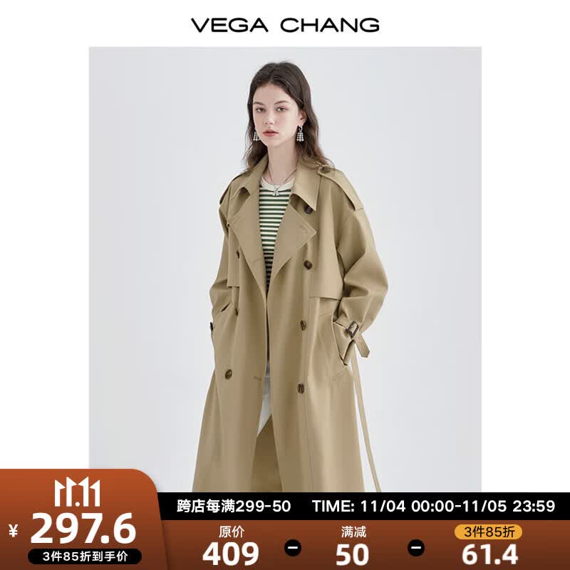 VEGA CHANG风衣女中长款2023秋新款韩版收腰经典时尚外套ins潮 鹭茶色 S属于什么档次？
