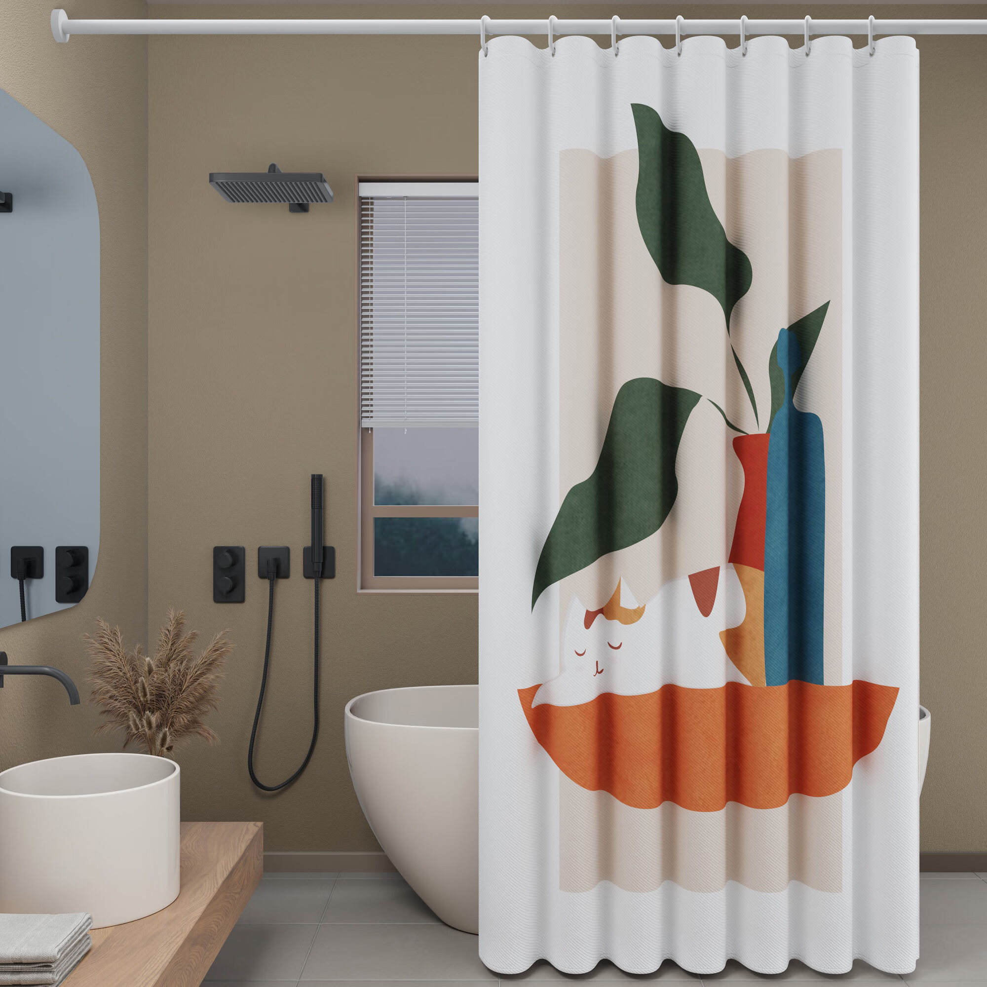 梦动加厚防霉浴帘布浴室隔断帘门帘子卫生间浴帘套装免打孔布 抽象猫